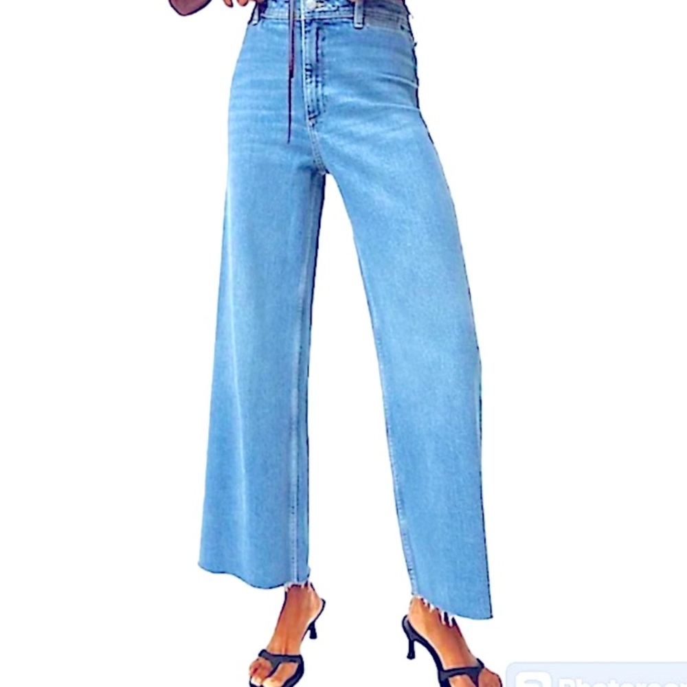 Mango Wide Leg 💯 Cotton Blend Raw Edge Hems Jean Size 12